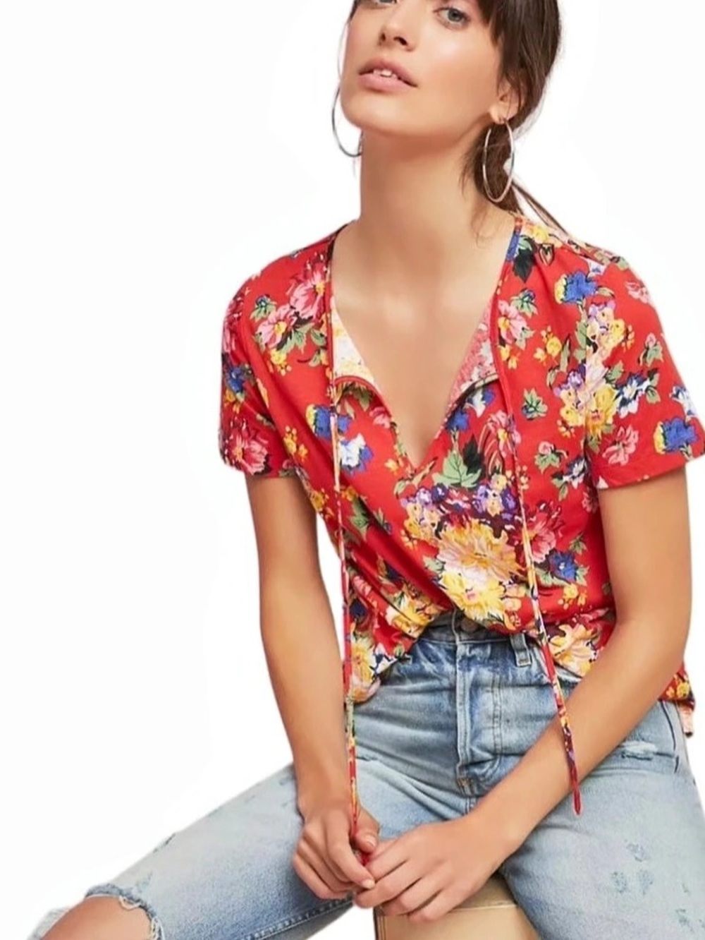 Maeve by Anthropologie Clemente Red Floral Top